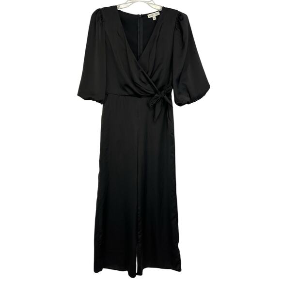 She + Sky Satin Wide Leg Jumpsuit Black Faux-Wrap Balloon Sleeve Size L - Picture 2 of 12